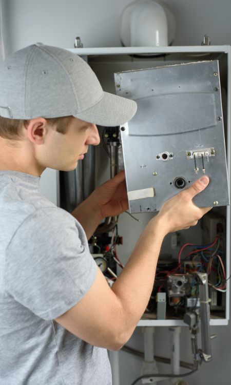 A man checks a gas boiler for home heating. Maintenance and repair of gas heating